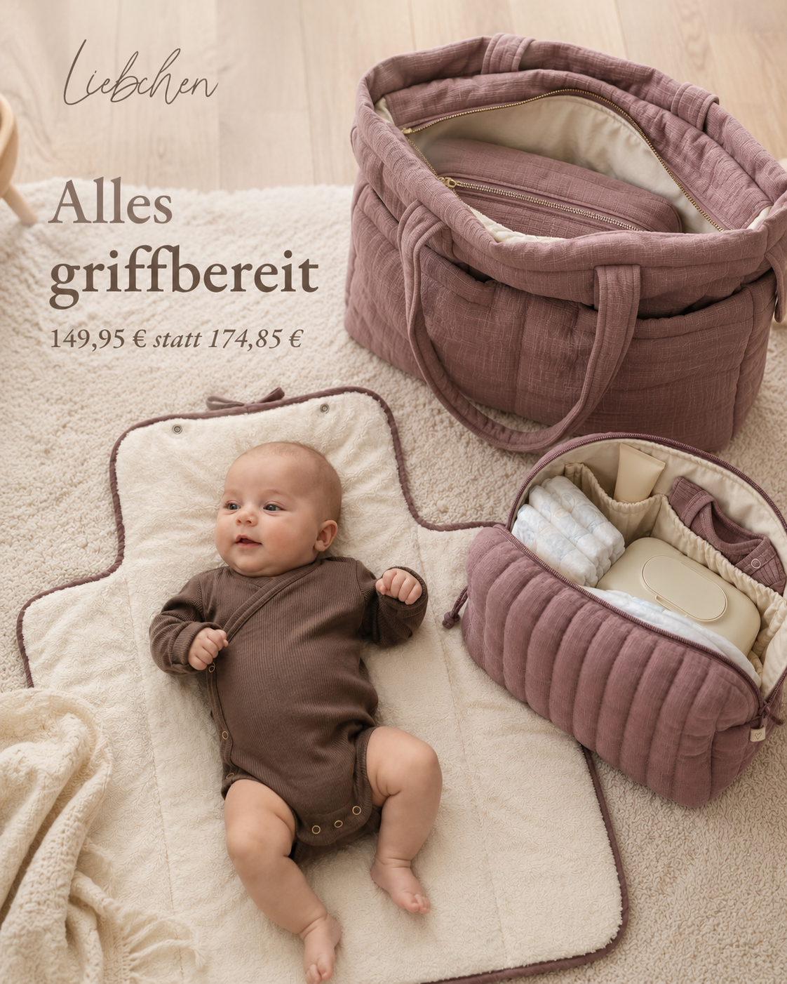 Wickel-Set aus Bio-Baumwolle – Wickeltasche, Windeltasche und Wickelunterlage