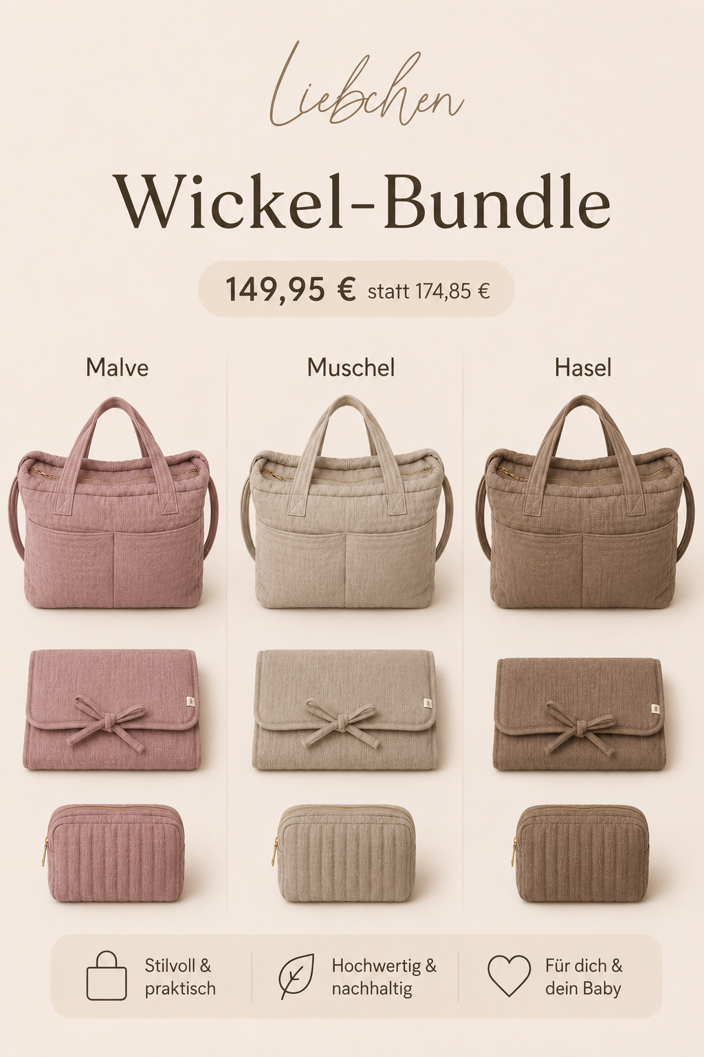 Wickel-Set aus Bio-Baumwolle – Wickeltasche, Windeltasche und Wickelunterlage
