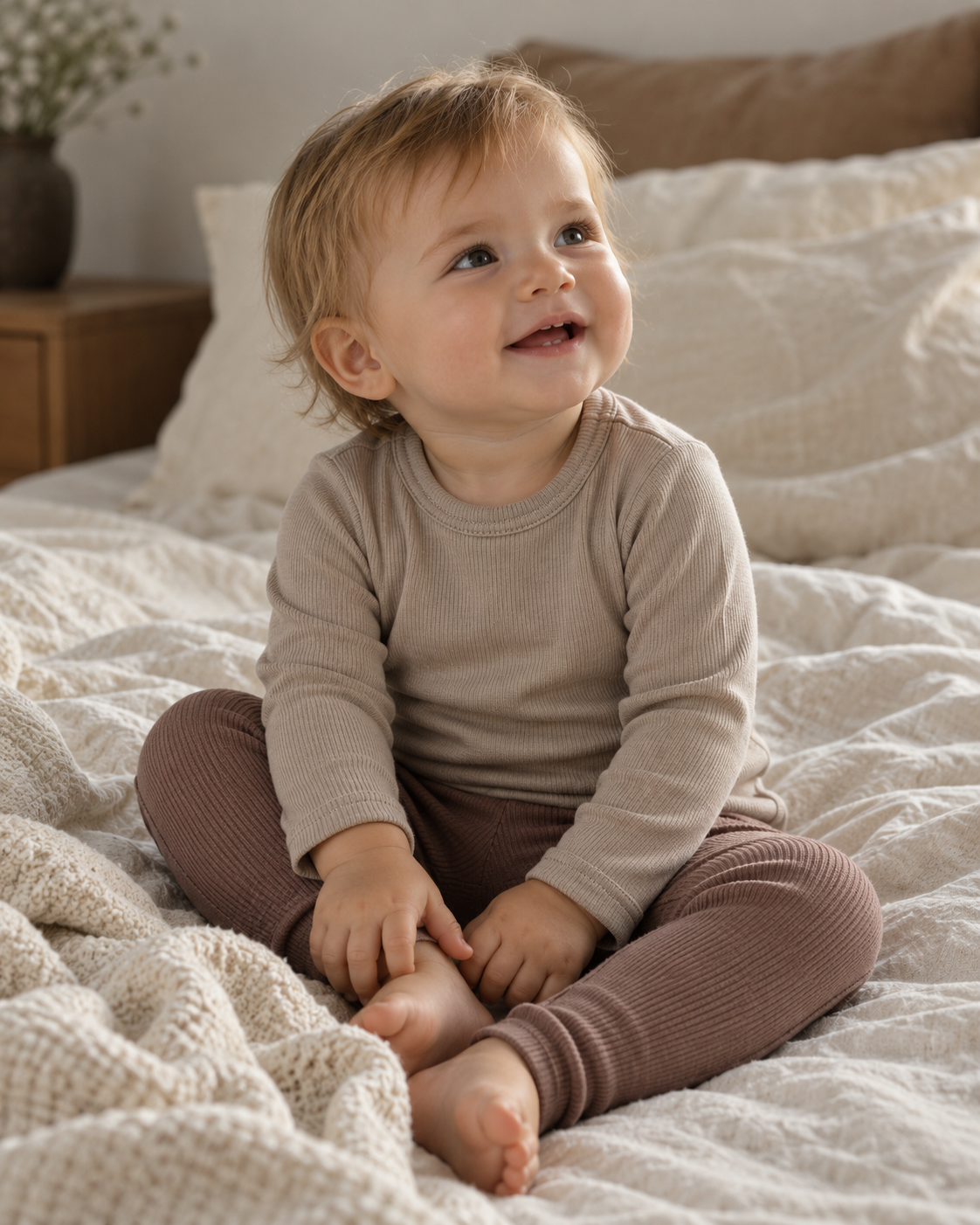 Merino-Set für Babys: Langarmshirt in Sesam und Leggings in Hasel