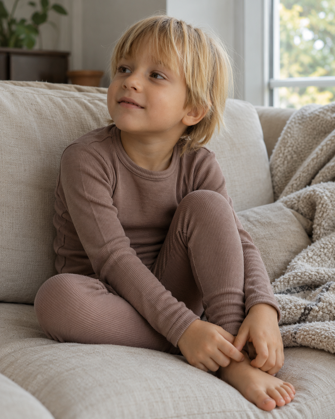 Merino-Set aus Langarmshirt und Leggings in Rippstrick, 100 % Merinowolle