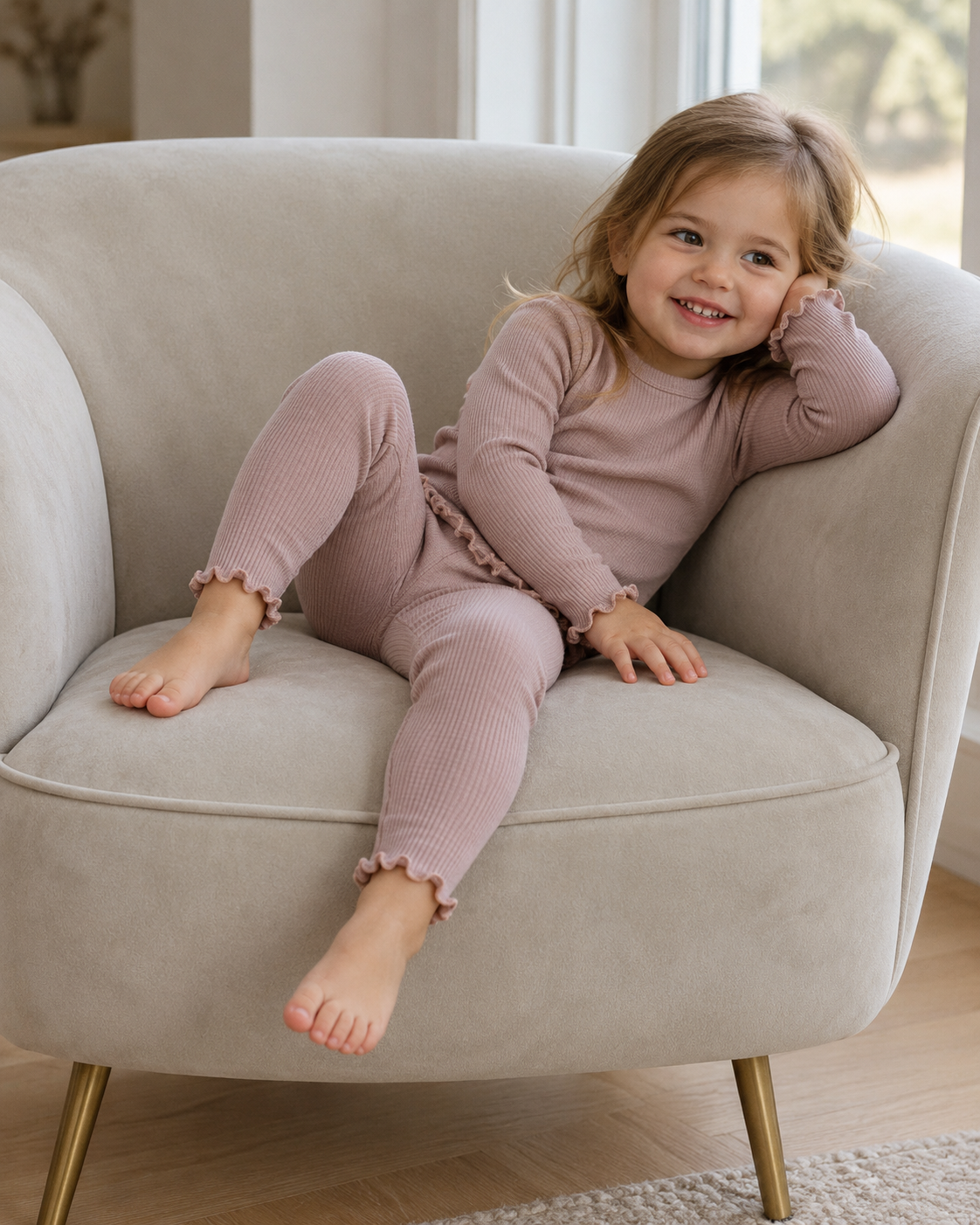 Merino-Set mit Rüschen in Malve: Langarmshirt und Leggings für Kinder