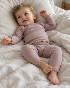 Merino-Set mit Rüschen in Malve: Langarmshirt und Leggings für Kinder