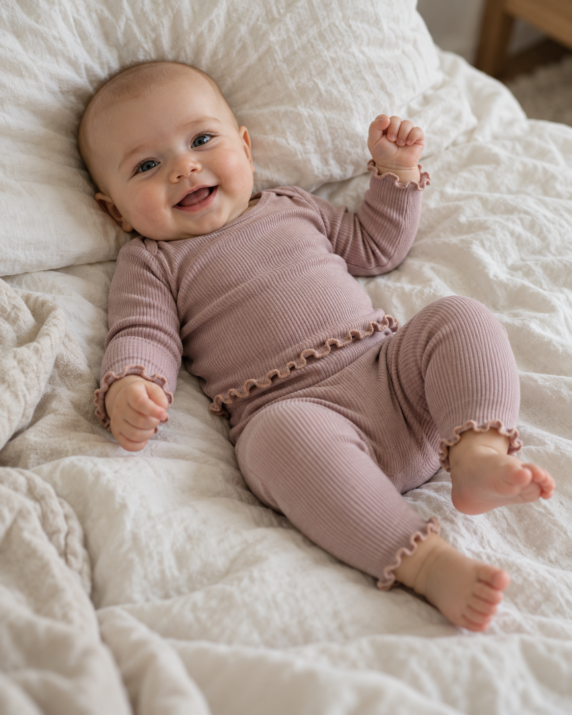Merino-Set mit Rüschen in Malve: Langarmshirt und Leggings für Kinder