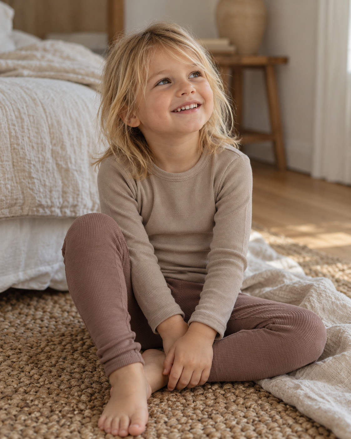 Merino-Set für Kinder: Langarmshirt in Sesam und Leggings in Hasel