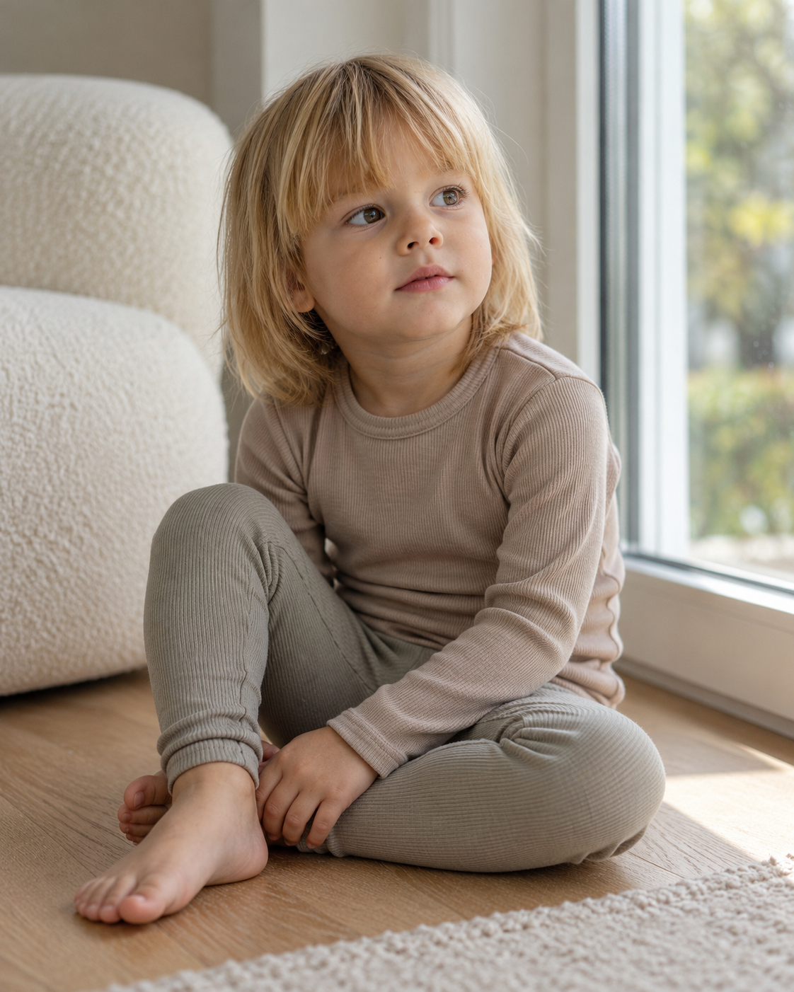Merino-Set für Kinder: Langarmshirt in Sesam und Leggings in Kiesel