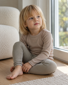 Merino-Set für Kinder: Langarmshirt in Sesam und Leggings in Kiesel