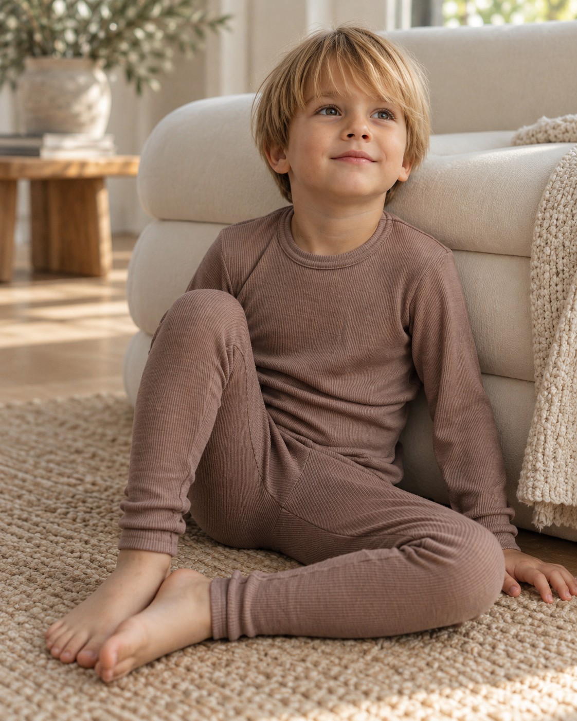 Merino-Set für Kinder: Langarmshirt und Leggings in Hasel, Ton in Ton