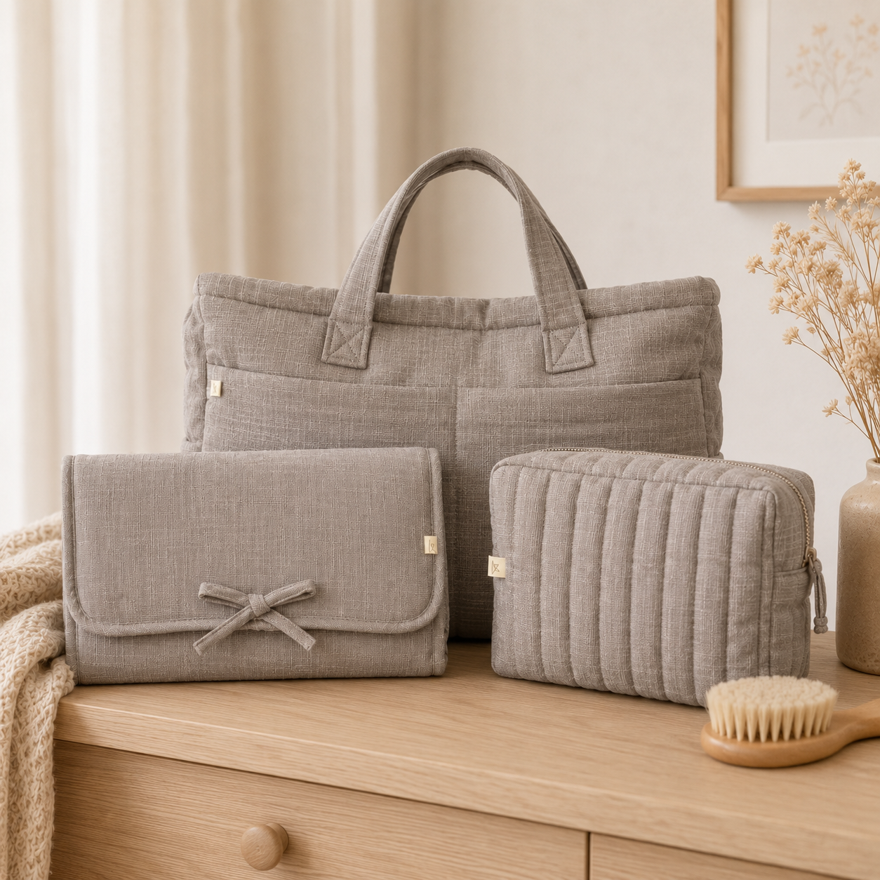 Wickel-Set aus Bio-Baumwolle – Wickeltasche, Windeltasche und Wickelunterlage
