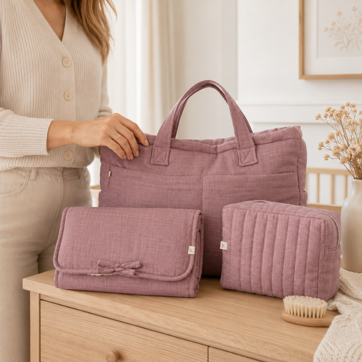 Wickel-Set aus Bio-Baumwolle – Wickeltasche, Windeltasche und Wickelunterlage