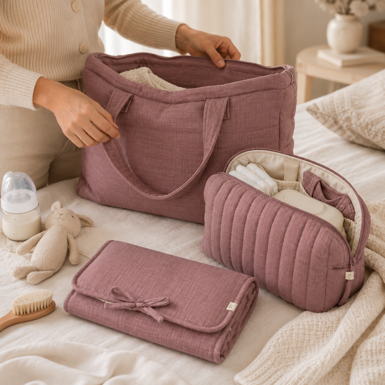 Wickel-Set aus Bio-Baumwolle – Wickeltasche, Windeltasche und Wickelunterlage