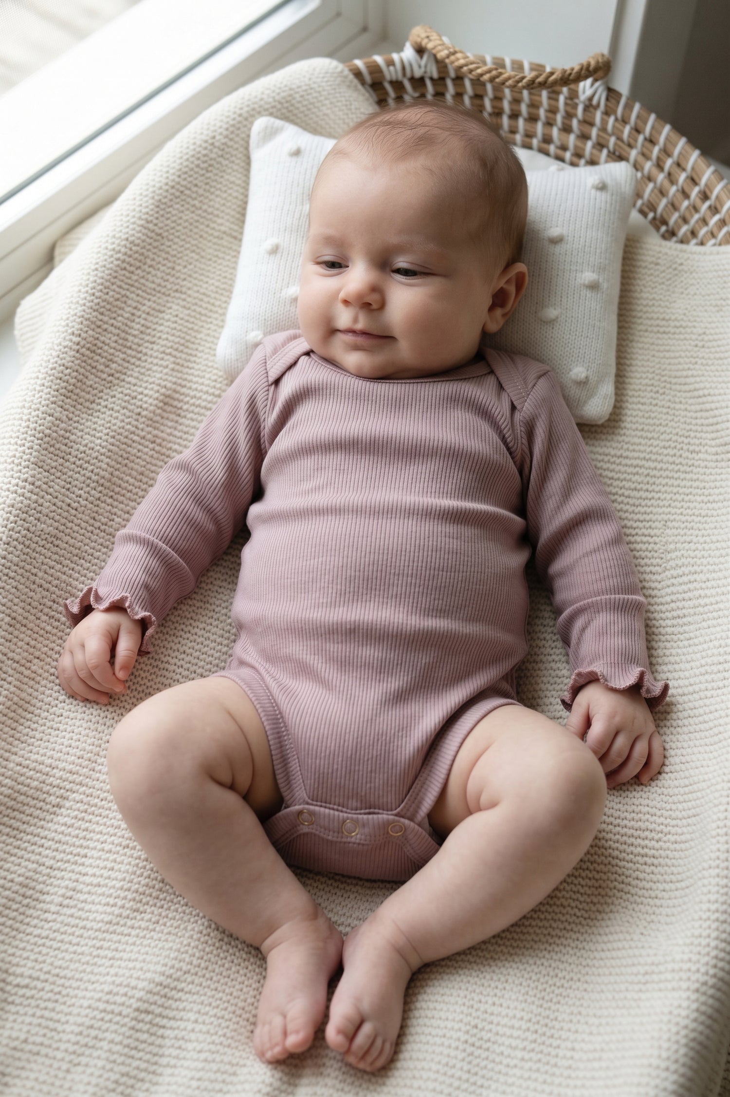 Long-sleeved bodysuit with ruffles made of merino wool